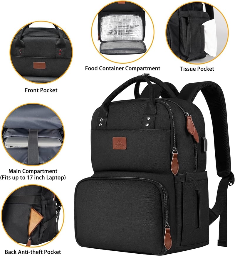 MATEIN 17 Hüvelyk Laptop Hátizsák Hűtőtáskával, USB Porttal, Utazáshoz és Munkához - 17.3 inch, Black