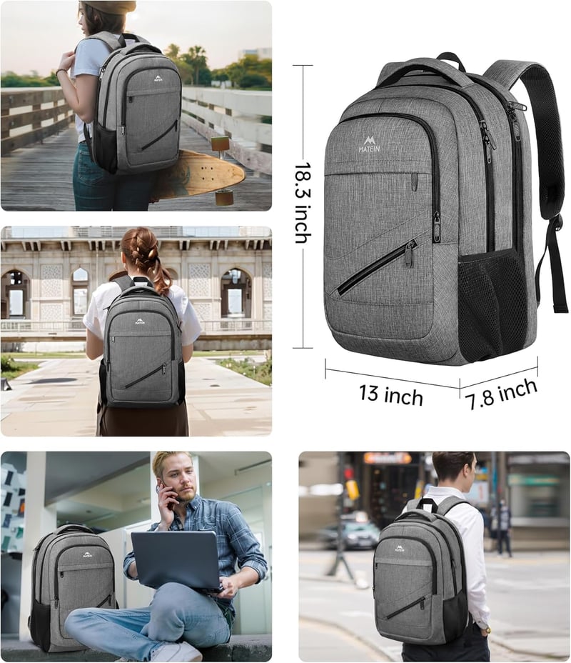 MATEIN 17 Hüvelykes Vízálló Laptop Hátizsák USB Töltőporttal, Antitolvaj Munka Utazás Iskolai Szürke