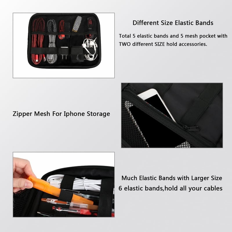 MATEIN Kábel Rendszerező Táska, 3-Rétegű Utazási Elektronikai Szervező, Nagy Kapacitású Töltő Tartó iPad Mini Kompatibilis, Fekete