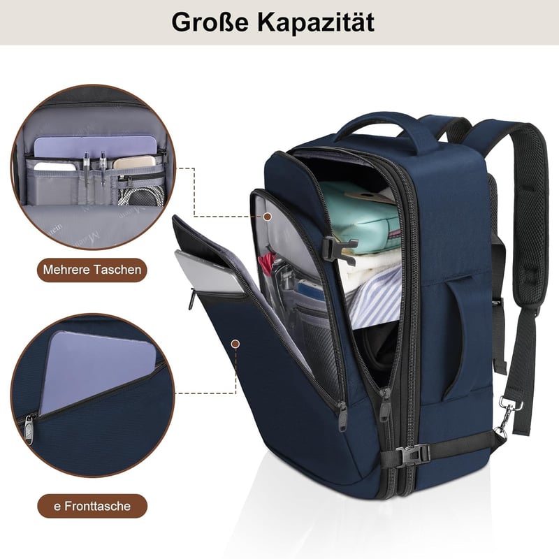 MATEIN Kézipoggyász Hátizsák Repülőgépre - Unisex Utazótáska 40x25x20cm, Kék, 700g - Fedélzeti Táska Fapados Járatokra