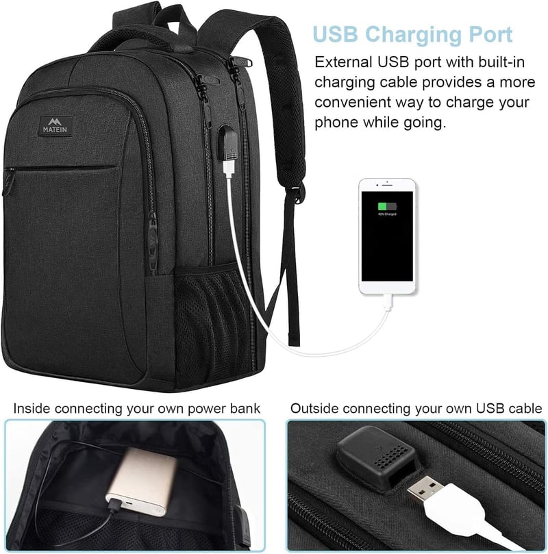 MATEIN Nagy Kapacitású Laptop Hátizsák 17,3" - USB Töltőporttal, Lopásgátló, Vízálló Üzleti Utazó Táska Diákoknak és Munkához, Fekete - 17.3 inch, Black
