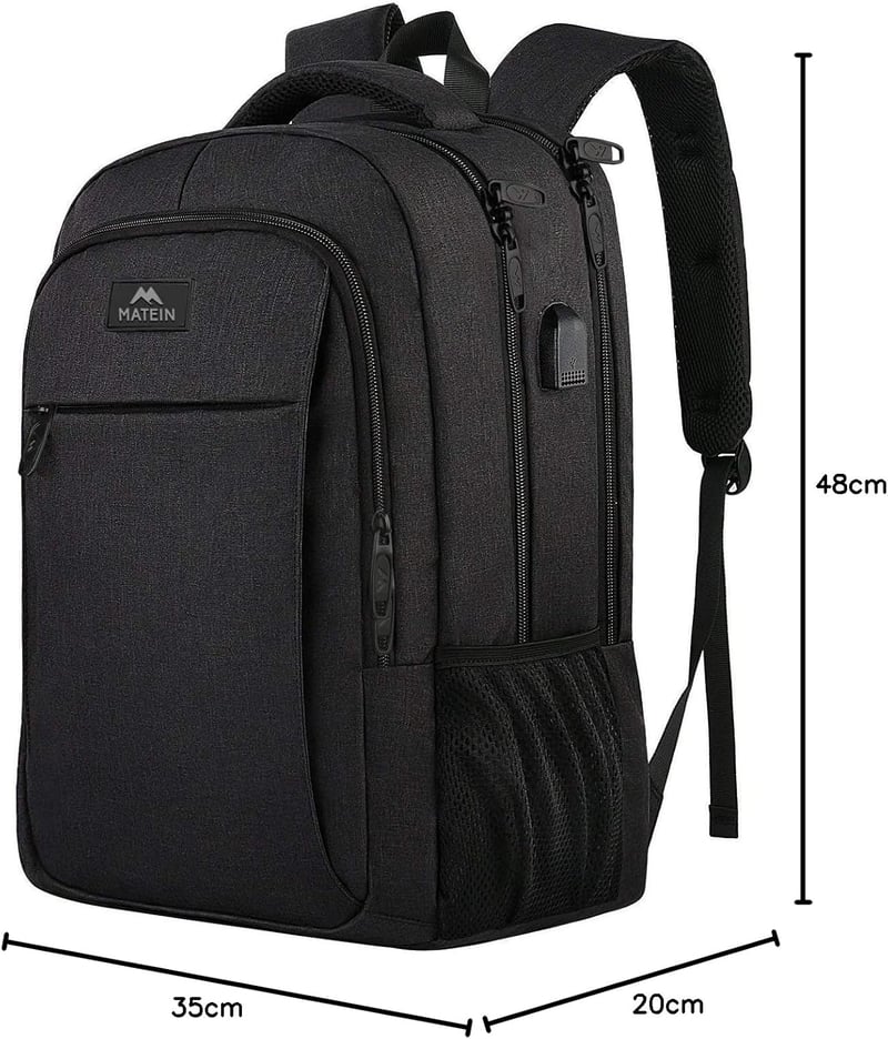 MATEIN Nagy Kapacitású Laptop Hátizsák 17,3" - USB Töltőporttal, Lopásgátló, Vízálló Üzleti Utazó Táska Diákoknak és Munkához, Fekete - 17.3 inch, Black