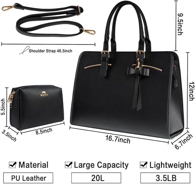 MATEIN Női Laptop Táska 15,6" - Vízálló PU Bőr Válltáska USB Töltőporttal, Kivehető Kulcstartóval és Kiegészítő Clutch Táskával - Fekete