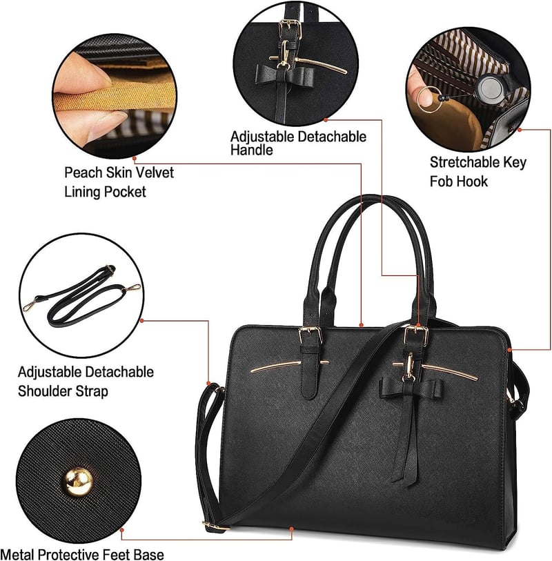 MATEIN Női Laptop Táska 15,6" - Vízálló PU Bőr Válltáska USB Töltőporttal, Kivehető Kulcstartóval és Kiegészítő Clutch Táskával - Fekete