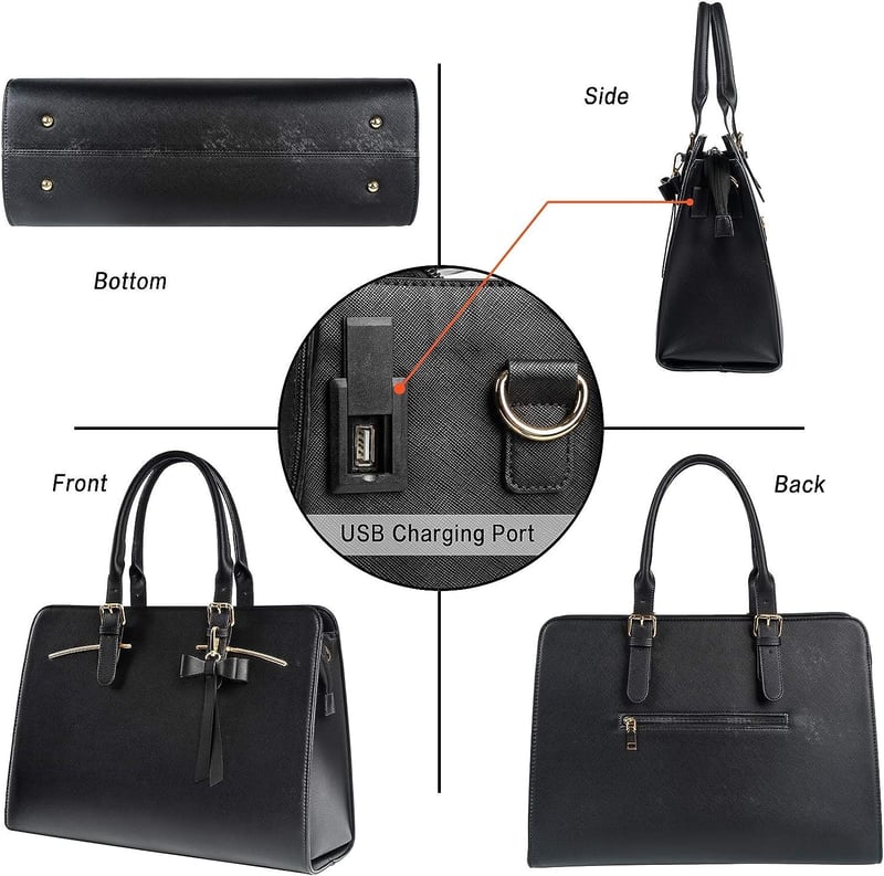 MATEIN Női Laptop Táska 15,6" - Vízálló PU Bőr Válltáska USB Töltőporttal, Kivehető Kulcstartóval és Kiegészítő Clutch Táskával - Fekete