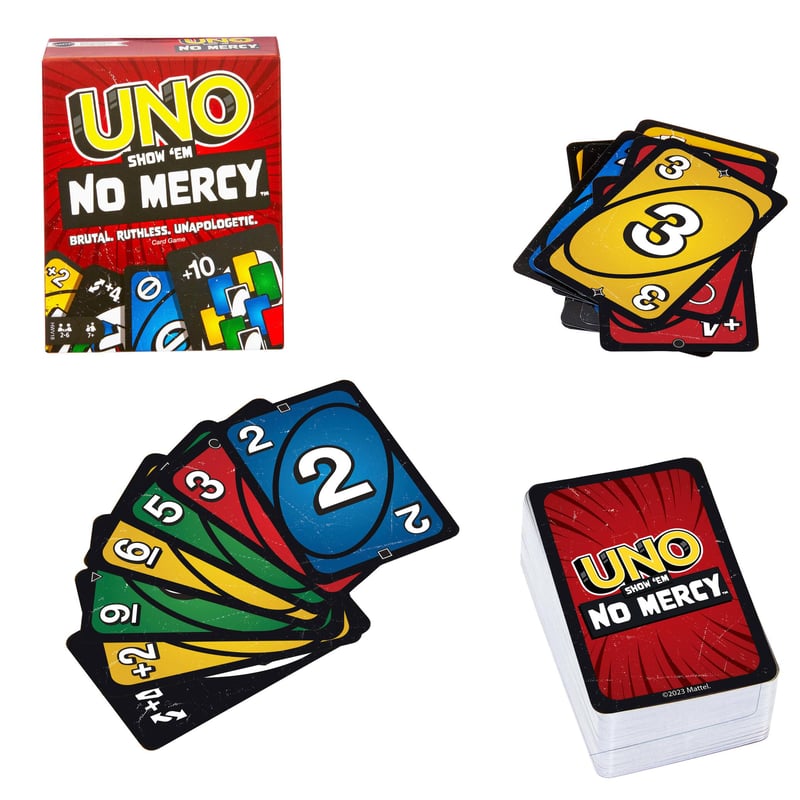 Kartárová hra Mattel Games UNO No Mercy – 56 kariet navyše, tvrdé akčné karty a brutálne pravidlá, od 7 rokov (HWV18)