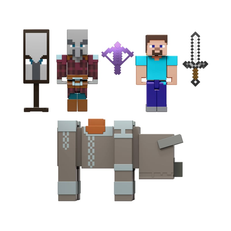 Mattel Minecraft JJT18 Útok na dedinu 3 akčné figúrky a súprava 3 doplnkov – Steve – 8,3 cm zberateľská súprava figúrok