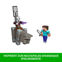 Mattel Minecraft JJT18 Útok na dedinu 3 akčné figúrky a súprava 3 doplnkov – Steve – 8,3 cm zberateľská súprava figúrok 3
