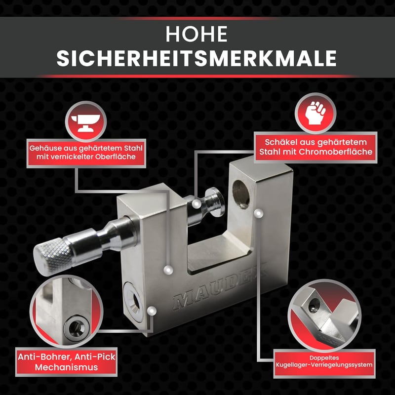Maudex MDP/70 Biztonsági Lakat 70mm - Fúrásálló Cilinder 10 Kulccsal - Garázs Raktár Motor Védelem Ezüst