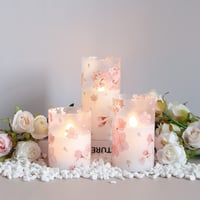 Mavandes LED svijeća u staklu s efektom plamena, daljinskim upravljačem i timerom, dizajn trešnjinog cvijeta, od pravog voska, 3 komada, 7,5 cm x 10, 12,5, 15 cm, toplo bijelo svjetlo 3