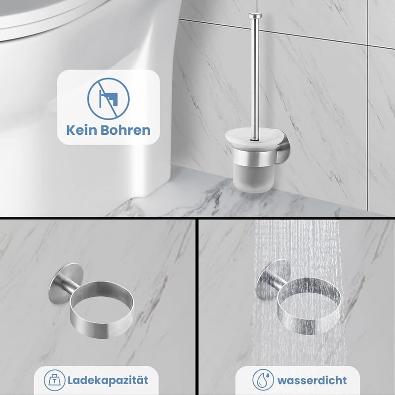 MaxDoux Fali WC Kefe Tartó Rozsdamentes Acél és Üveg Fürdőszobai Szett