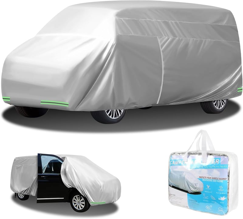 MaxEarn Autótakaró VW T25/T3/T4/T5/T6/T7 Transporter Lakóautóhoz, Cipzáras Ajtóval és Szélvédő Pántokkal, UV Álló Teljes Garázs