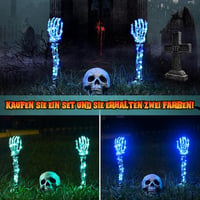Maxee Halloween Világító Koponya Szett - 1 Koponya és 2 Csontváz Kéz, 4 LED Fényfüzérrel (Zöld és Kék), 3 Világítási Móddal - Kültéri Kerti  2
