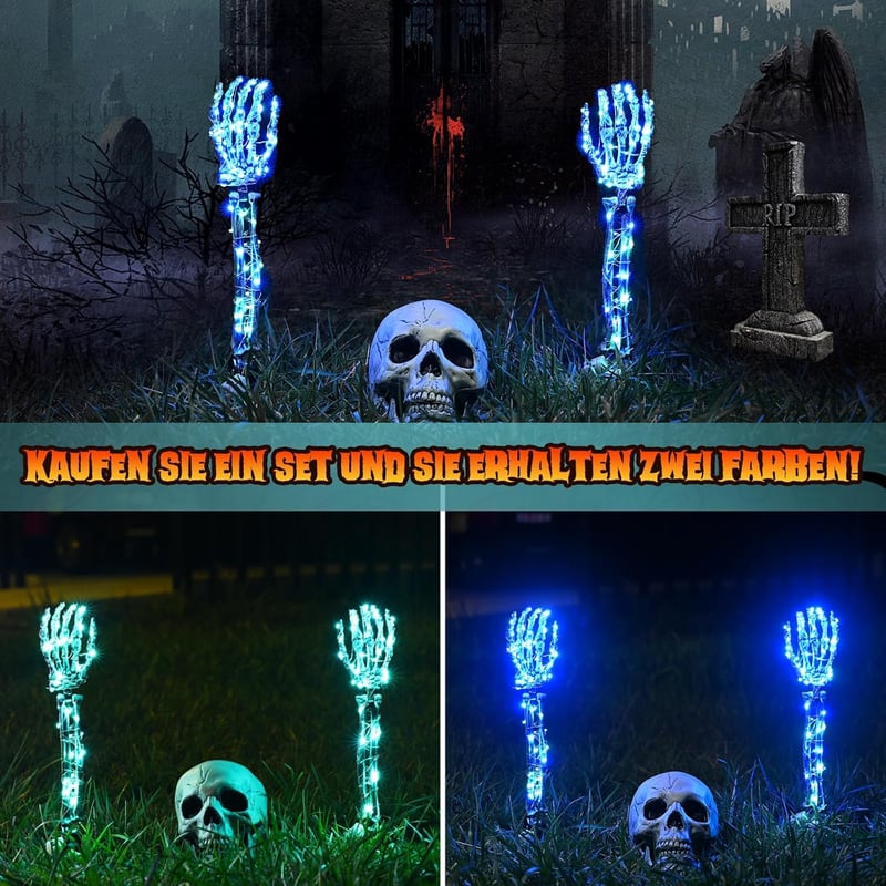 Maxee Halloween Világító Koponya Szett - 1 Koponya és 2 Csontváz Kéz, 4 LED Fényfüzérrel (Zöld és Kék), 3 Világítási Móddal - Kültéri Kerti 
