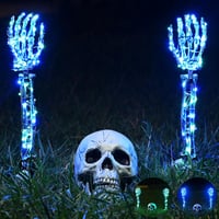 Maxee Halloween Világító Koponya Szett - 1 Koponya és 2 Csontváz Kéz, 4 LED Fényfüzérrel (Zöld és Kék), 3 Világítási Móddal - Kültéri Kerti  1