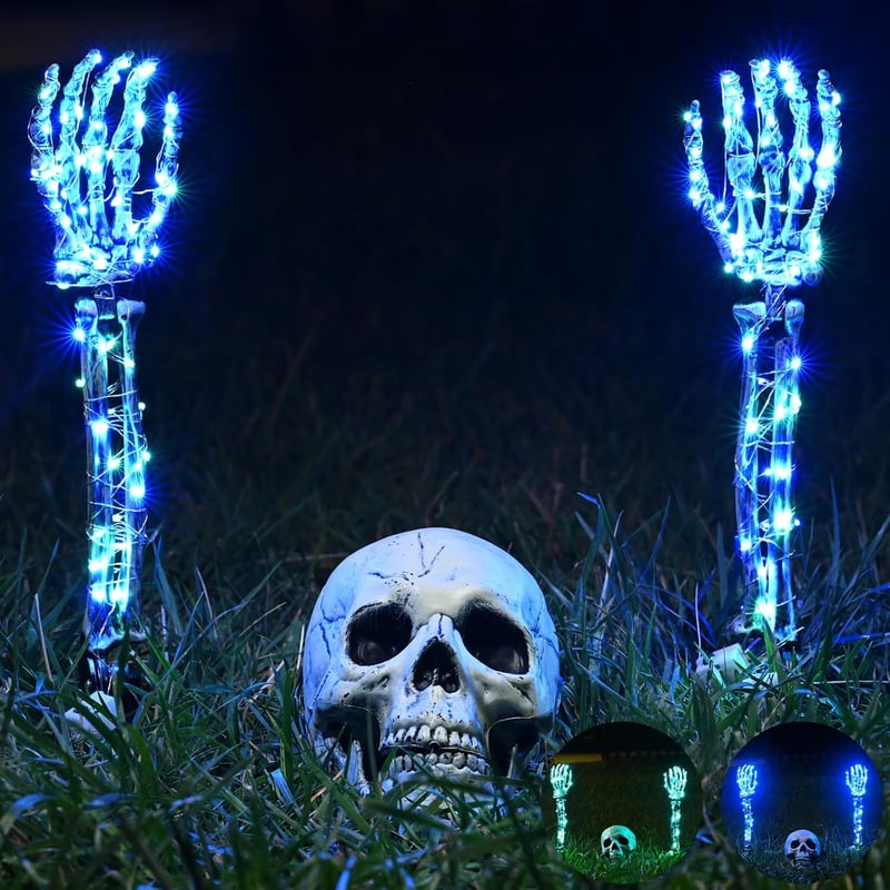 Maxee Halloween Világító Koponya Szett - 1 Koponya és 2 Csontváz Kéz, 4 LED Fényfüzérrel (Zöld és Kék), 3 Világítási Móddal - Kültéri Kerti 