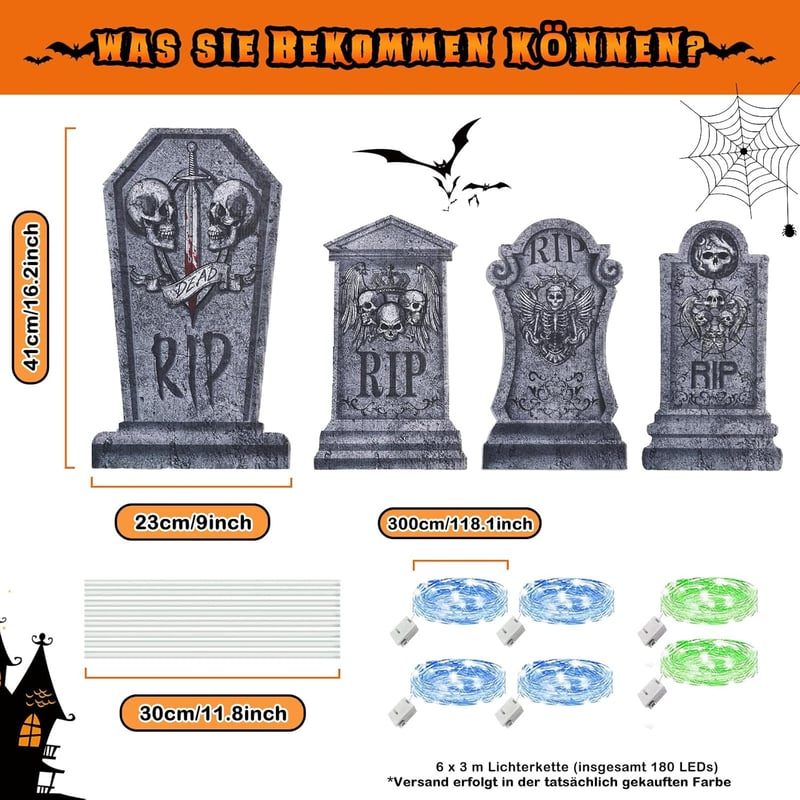 Maxee Halloween világító sírkövek szett 4 db + 3m tündérfény, kültéri dekoráció