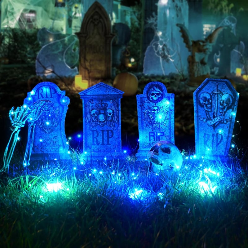 Maxee Halloween világító sírkövek szett 4 db + 3m tündérfény, kültéri dekoráció