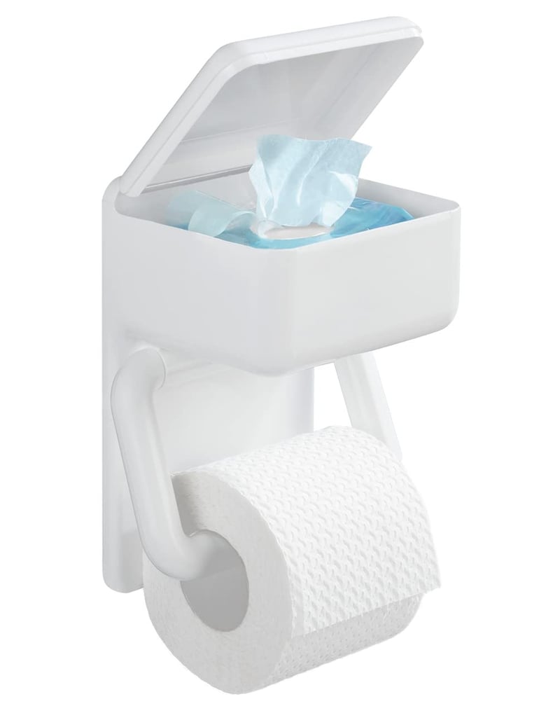 Suport pentru hârtie igienică Maximex cu poliță 2 în 1, plastic, montabil pe perete, 16 x 20 x 11 cm