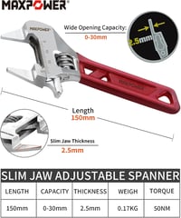 MAXPOWER 150 mm állítható villáskulcs 30 mm maximális nyílással, állítható kulcs, piros markolat 2