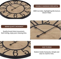 Ceas de perete rustic silențios Maxstar 61 cm, negru, metal și lemn, cifre arabe, ceas de perete cu baterie pentru sufragerie, dormitor, birou 3
