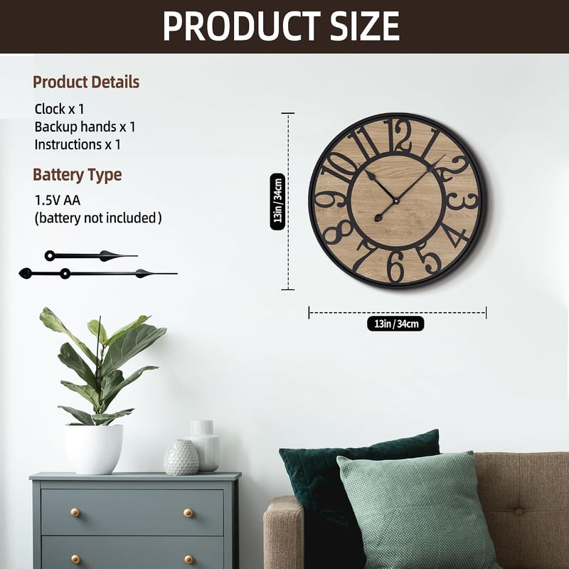 Zidni sat Maxstar s tihim mehanizmom, retro-vintage stil - crni - 60 cm