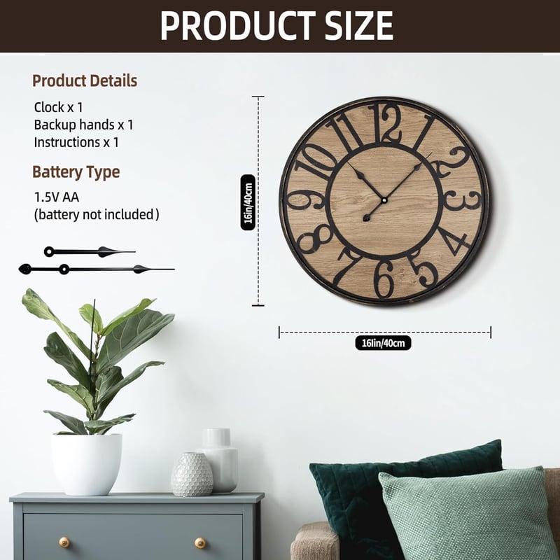 Rustikálne nástenné hodiny Maxstar s tichým chodom, arabské číslice – čierne – 40 cm