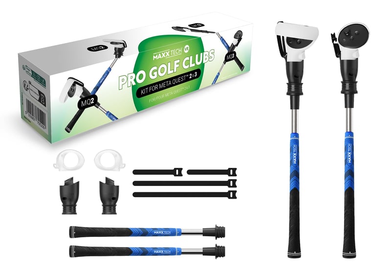Maxx Tech VR Pro Golf Clubs Kit pre ovládače Meta Quest 2 a 3/3S, 2 ks prémiových golfových palíc, VR príslušenstvo kompatibilné s Golf+ a Walkabout Mini Golf