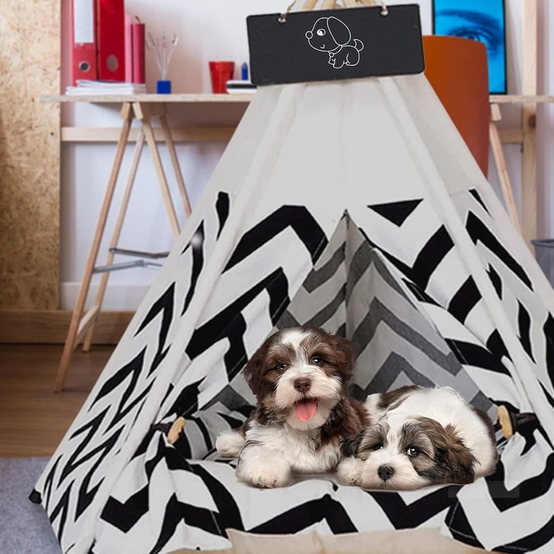 Maycoly Tipi Sátor Kisállatoknak - Fekete-Fehér Csíkos Kutyaház Macskabúvóhely 60x60x70 cm Kétoldalú Mosható Párnával