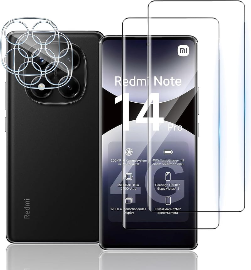 Mayfun Ochranné tvrdené sklo na displej a ochranná fólia na fotoaparát pre Xiaomi Redmi Note 14 Pro 4G, 2+2 ks, tvrdosť 9H, odolné proti poškriabaniu, HD priehľadné