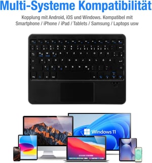MAYPHY bežična kompaktna tipkovnica s touchpadom, tihe tipke, prijenosna za iPad, tablet i laptop, njemački QWERTZ raspored, crna