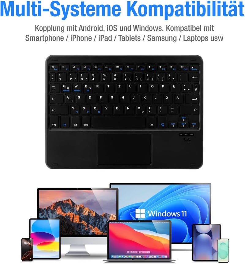 MAYPHY vezeték nélküli kis méretű billentyűzet érintőfelülettel néma gombok hordozható iPad és tablet laptophoz német QWERTZ fekete