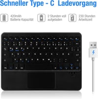 MAYPHY vezeték nélküli kis méretű billentyűzet érintőfelülettel néma gombok hordozható iPad és tablet laptophoz német QWERTZ fekete 6