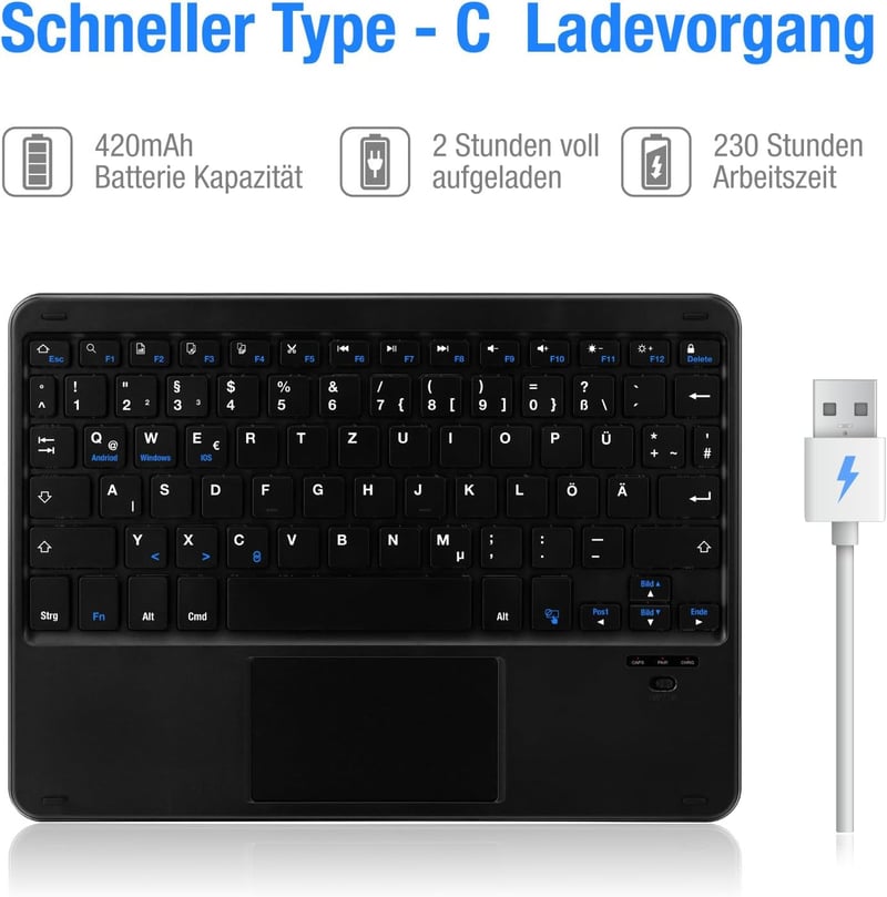 MAYPHY vezeték nélküli kis méretű billentyűzet érintőfelülettel néma gombok hordozható iPad és tablet laptophoz német QWERTZ fekete