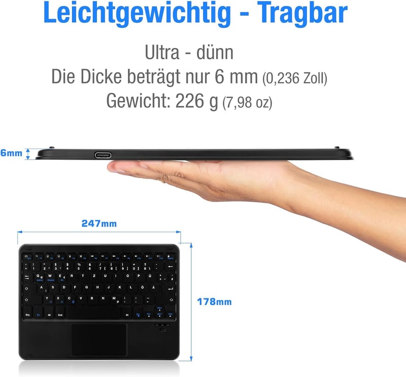 MAYPHY vezeték nélküli kis méretű billentyűzet érintőfelülettel néma gombok hordozható iPad és tablet laptophoz német QWERTZ fekete