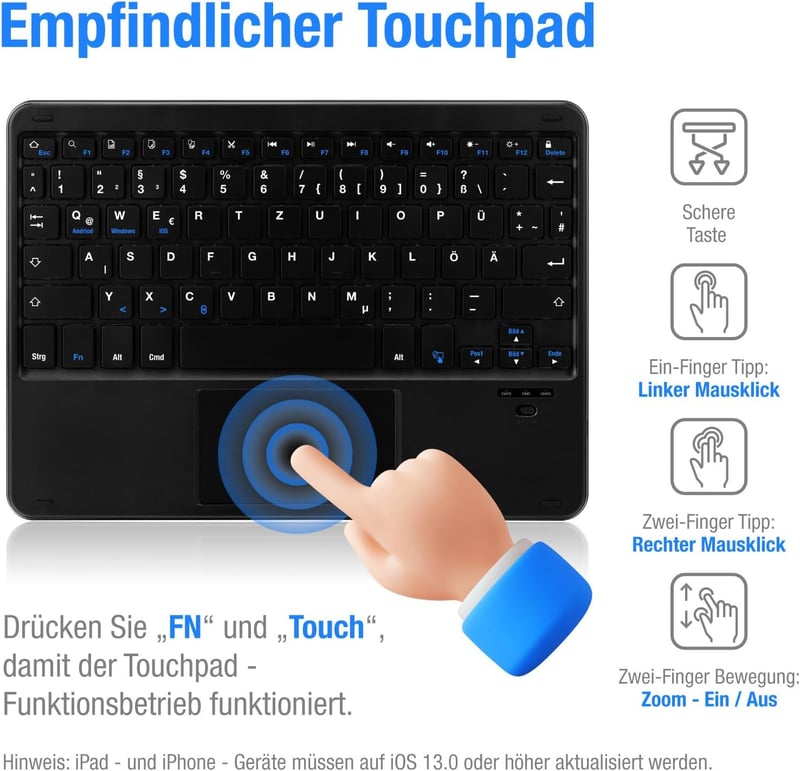 MAYPHY vezeték nélküli kis méretű billentyűzet érintőfelülettel néma gombok hordozható iPad és tablet laptophoz német QWERTZ fekete