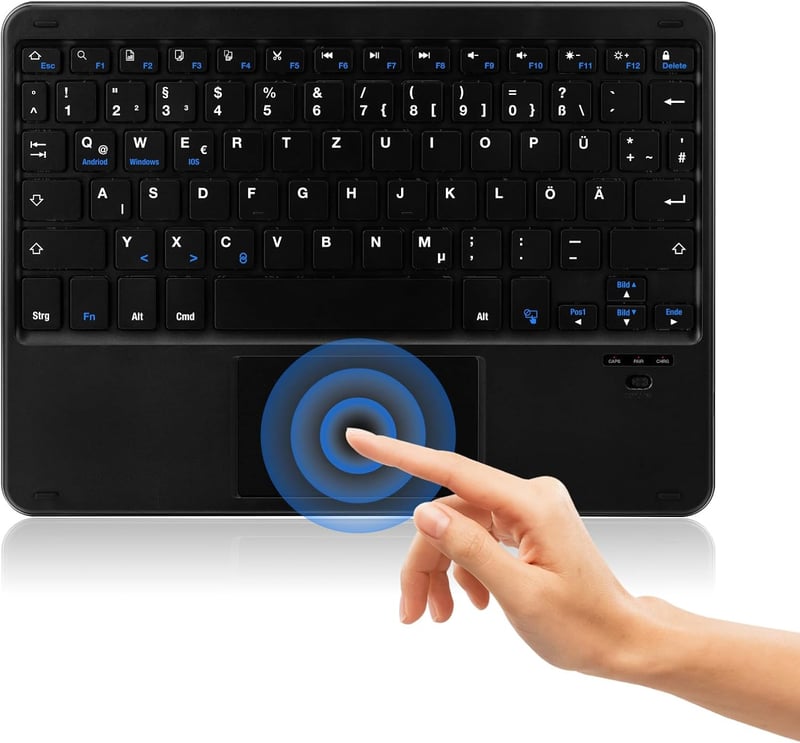 MAYPHY vezeték nélküli kis méretű billentyűzet érintőfelülettel néma gombok hordozható iPad és tablet laptophoz német QWERTZ fekete