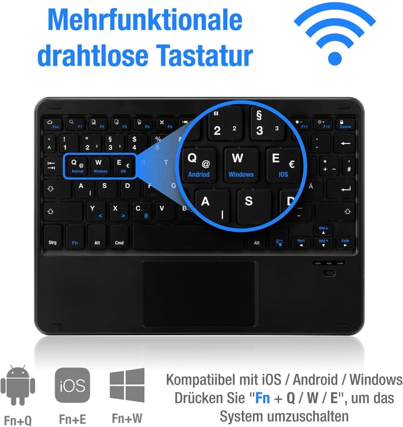 MAYPHY vezeték nélküli kis méretű billentyűzet érintőfelülettel néma gombok hordozható iPad és tablet laptophoz német QWERTZ fekete