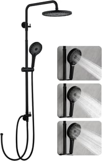MCADYS Fekete Zuhanysystem 25cm Esőfej Kézi Zuhanyzóval 3 Funkciós Állítható Sín 1.5m Tömlő 1