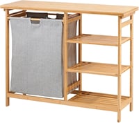 mDesign Bambusz Fürdőszobai Polc Szennyestartóval - Kivehető Mosodai Kosár Fogantyúkkal - Vízálló Tárolórendszer Mosószereknek - 100x32x80 c 9