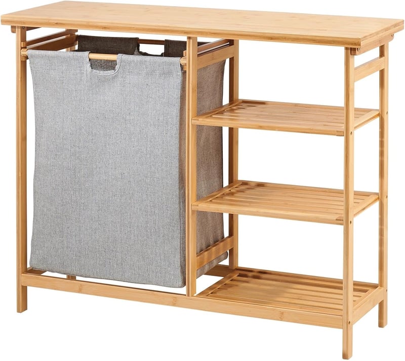 mDesign Bambusz Fürdőszobai Polc Szennyestartóval - Kivehető Mosodai Kosár Fogantyúkkal - Vízálló Tárolórendszer Mosószereknek - 100x32x80 c