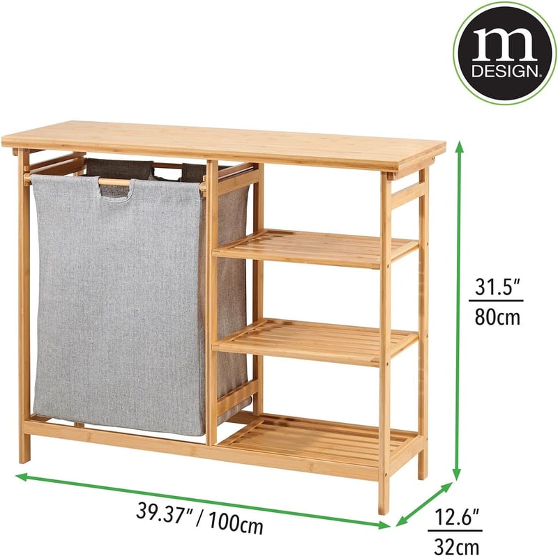 mDesign Bambusz Fürdőszobai Polc Szennyestartóval - Kivehető Mosodai Kosár Fogantyúkkal - Vízálló Tárolórendszer Mosószereknek - 100x32x80 c