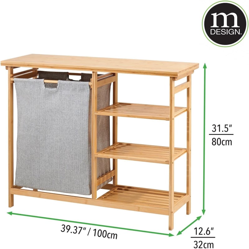 mDesign Bambusz Fürdőszobai Polc Szennyestartóval - Kivehető Mosodai Kosár Fogantyúkkal - Vízálló Tárolórendszer Mosószereknek - 100x32x80 c