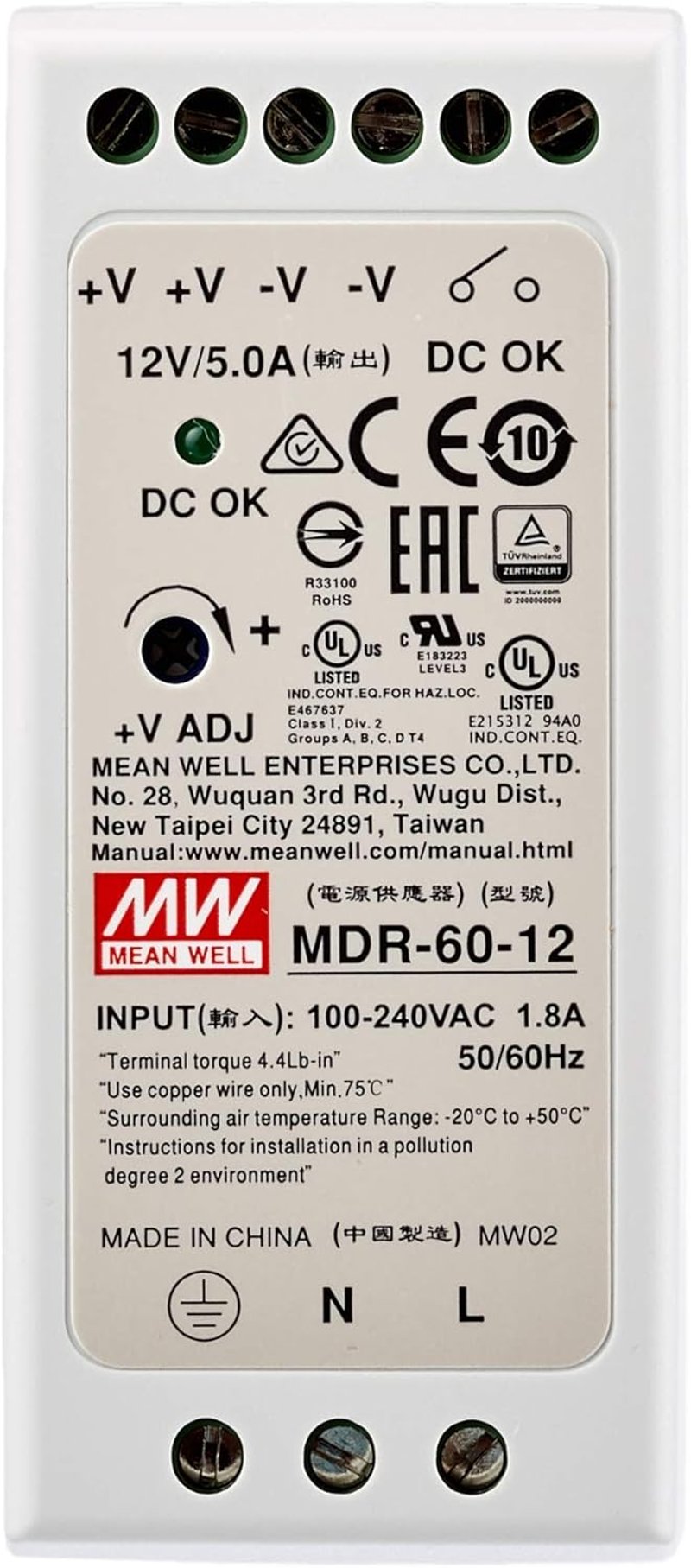 MeanWell MDR-60-12 DIN-sín tápegység 60W 12V 5A ipari vezérléshez