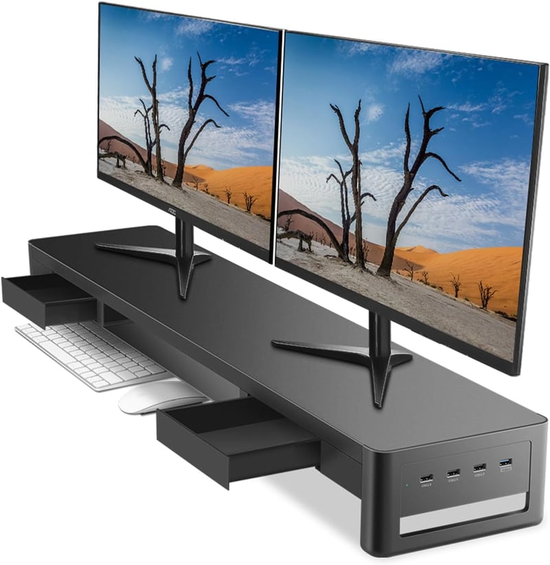 Meatanty Dupla Monitortartó Állvány 2 Fiókkal és 4 USB Porttal - Fém Asztali Rendszerező PC és iMac Képernyőkhöz (38,5") - 27"-ig