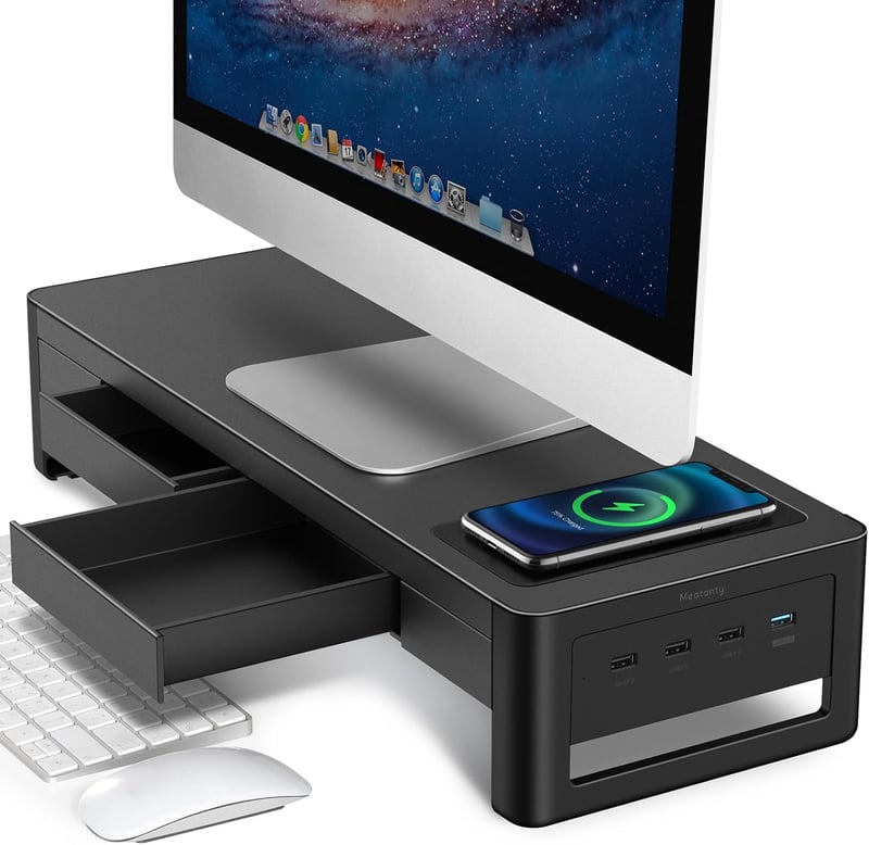 meatanty Monitor Stand 3 az 1-ben USB portokkal, vezeték nélküli töltővel és fiókokkal
