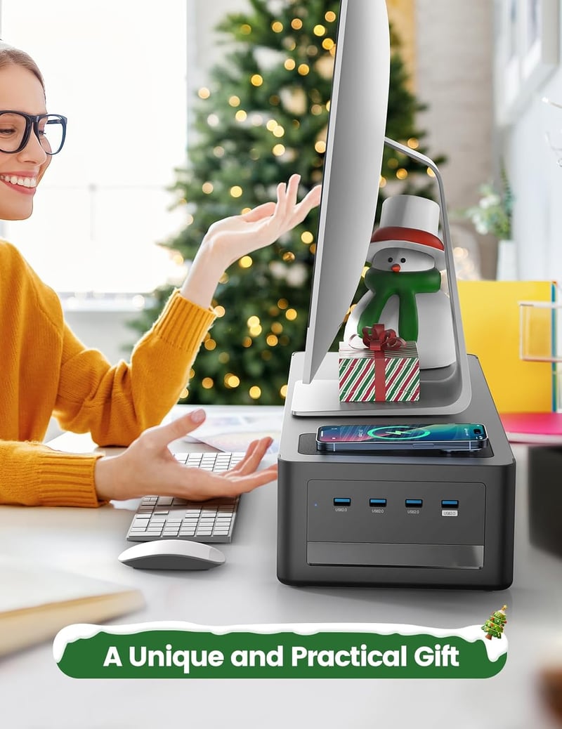 meatanty Monitor Stand 3 az 1-ben USB portokkal, vezeték nélküli töltővel és fiókokkal