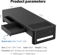 meatanty Monitor Stand 3 az 1-ben USB portokkal, vezeték nélküli töltővel és fiókokkal 6