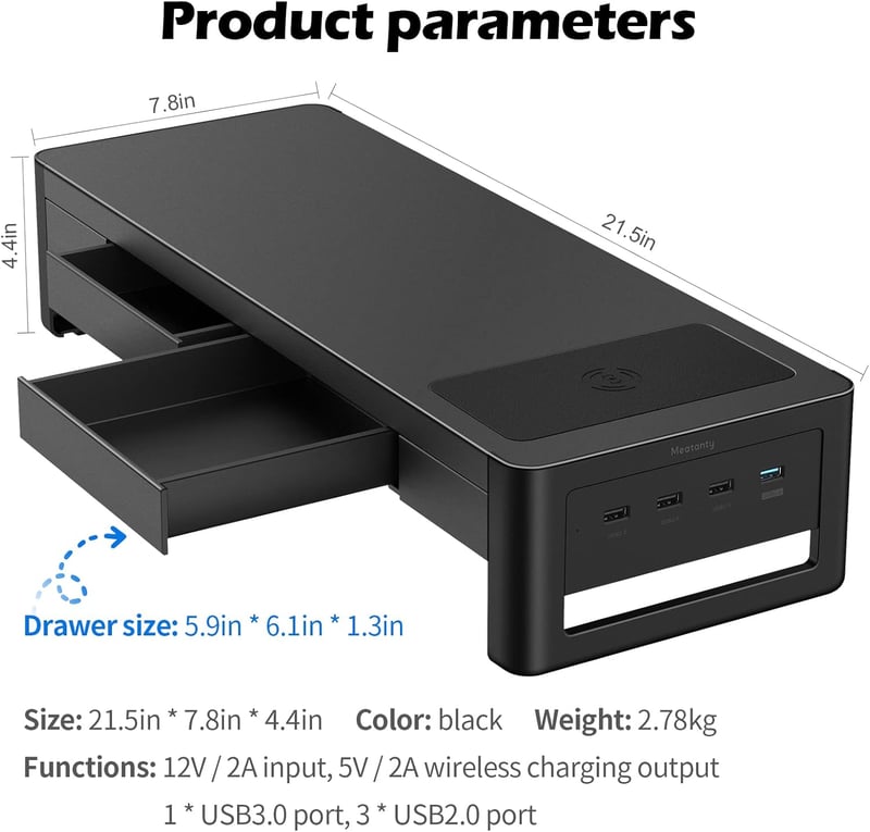 meatanty Monitor Stand 3 az 1-ben USB portokkal, vezeték nélküli töltővel és fiókokkal