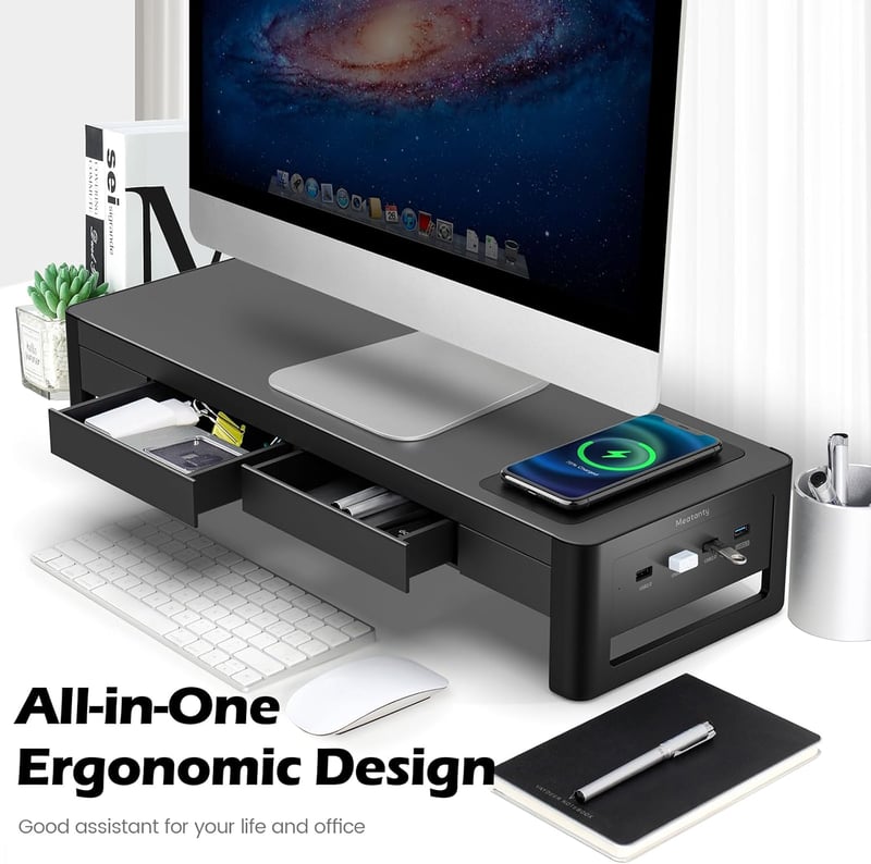 meatanty Monitor Stand 3 az 1-ben USB portokkal, vezeték nélküli töltővel és fiókokkal